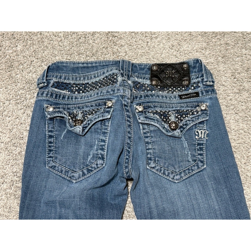 VTG Miss Me Rhinestone Straight Buckle Exclusive Jeans Flap Pocket Distressed